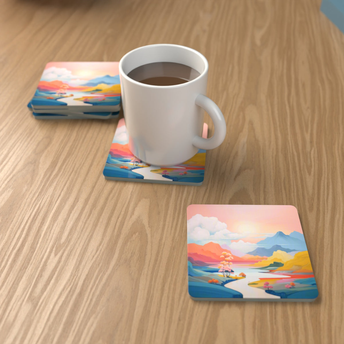 Pastel River Valley Square Glass Coasters – Set of 6 – lifestyle mockup with a mug of coffee