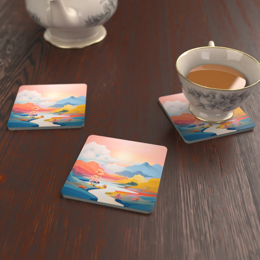Pastel River Valley Square Glass Coasters – Set of 6 – lifestyle mockup with a teacup
