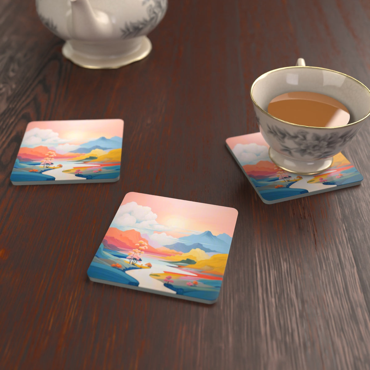 Pastel River Valley Square Glass Coasters – Set of 6 – lifestyle mockup with a teacup