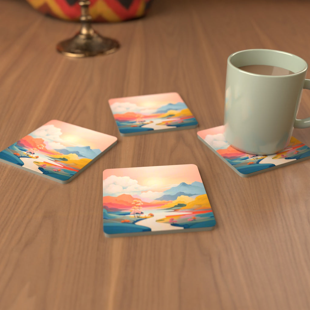 Pastel River Valley Square Glass Coasters – Set of 6 – cosy lifestyle mockup