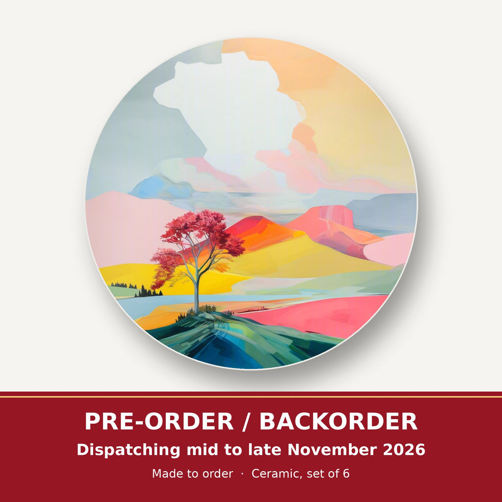 Lone Pink Tree on the Hill round ceramic coaster set of 6 – pre-order / backorder, dispatching mid to late November 2026