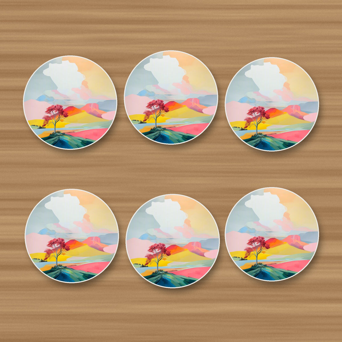 Lone Pink Tree on the Hill round ceramic coasters, set of 6, on an oak coffee table