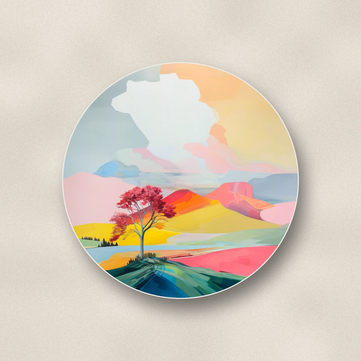Close-up of one lone pink tree on the hill round ceramic coaster, flat UV print