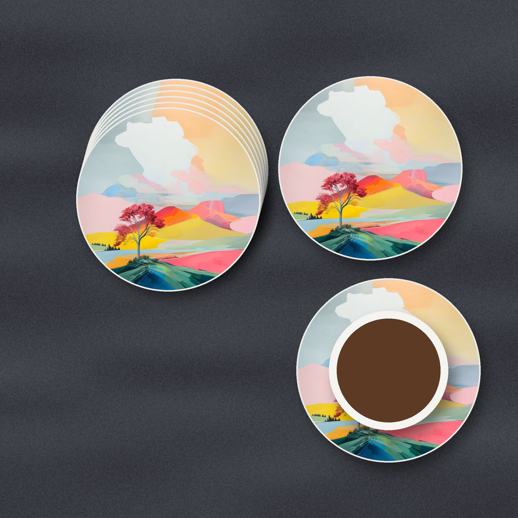 Lone Pink Tree on the Hill round ceramic coasters stacked on a slate kitchen worktop