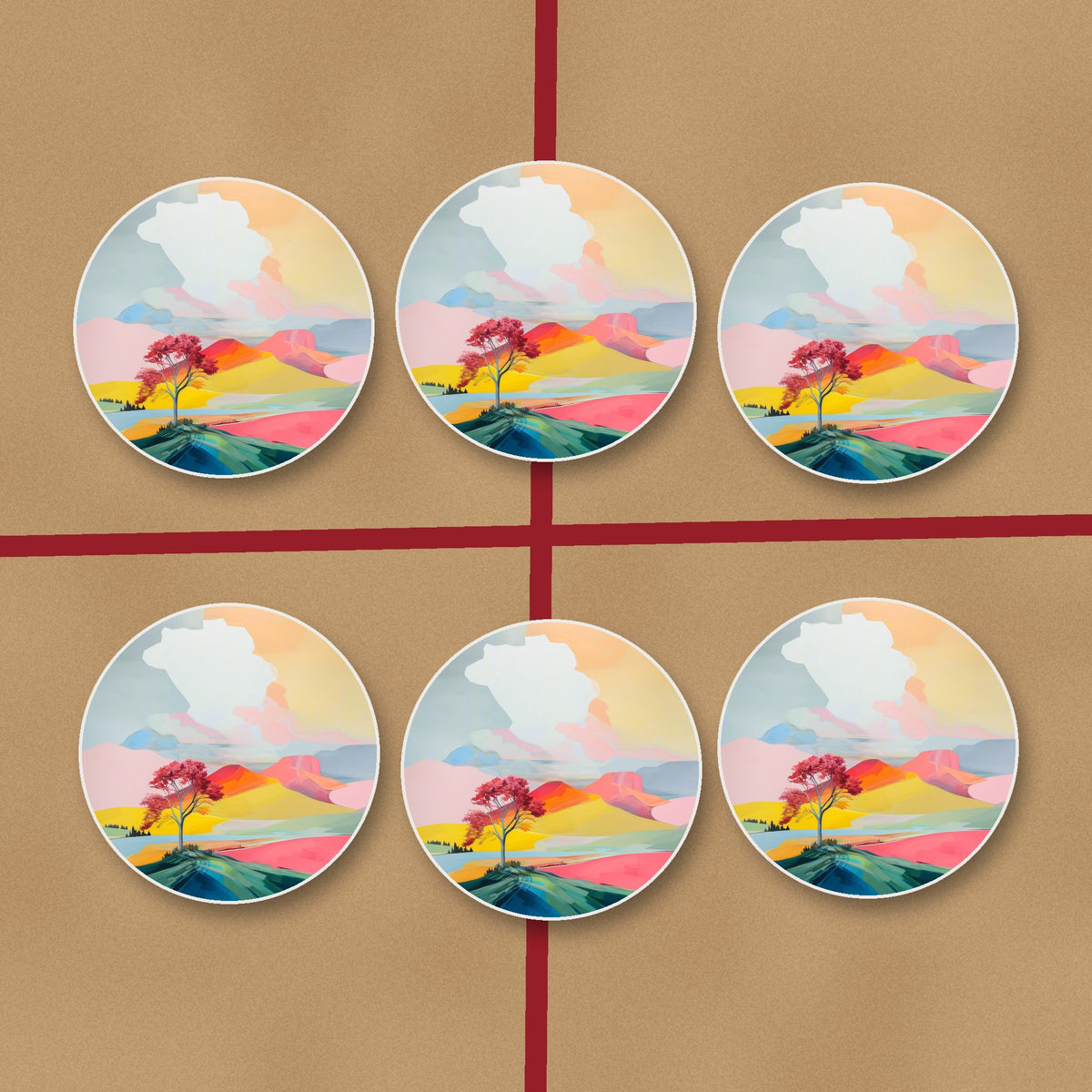 Lone Pink Tree on the Hill round ceramic coasters on kraft gift wrap