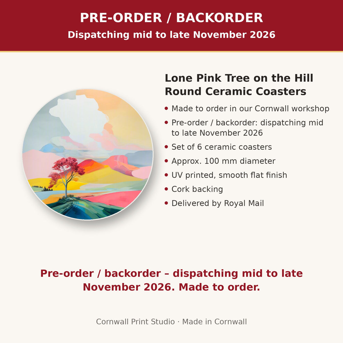 Info card: Lone Pink Tree on the Hill Round Ceramic Coasters – Set of 6, made to order, dispatching mid to late November 2026, delivered by Royal Mail