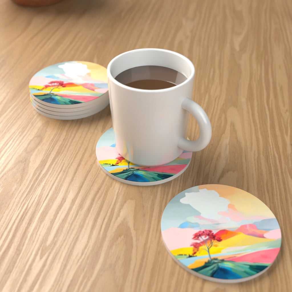 Lone Pink Tree on the Hill Round Ceramic Coasters – Set of 6 – lifestyle mockup with a mug of coffee