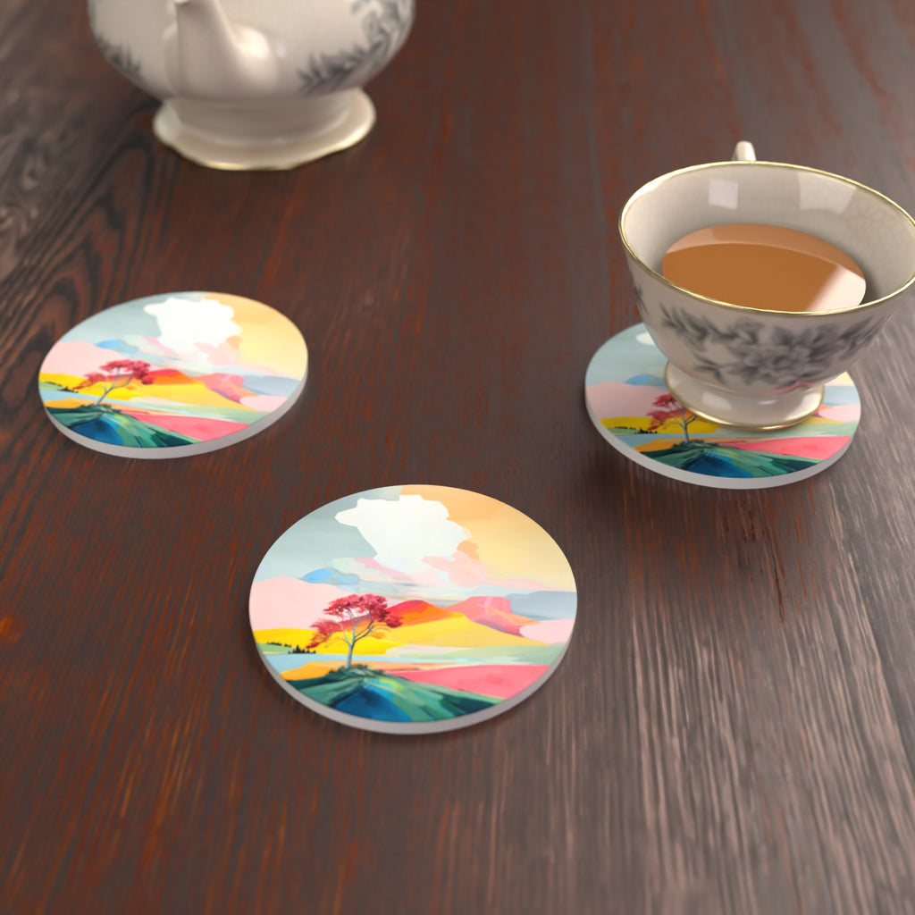 Lone Pink Tree on the Hill Round Ceramic Coasters – Set of 6 – lifestyle mockup with a teacup