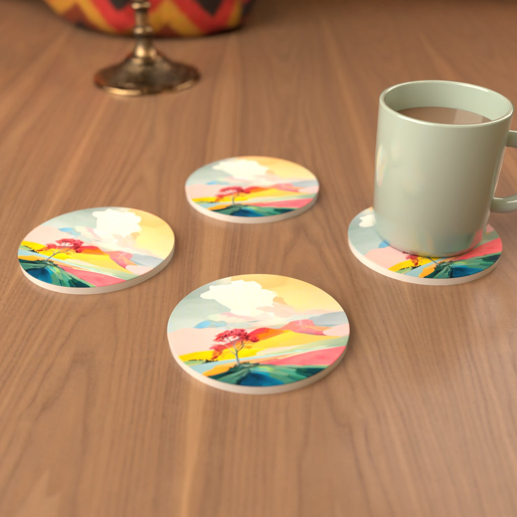 Lone Pink Tree on the Hill Round Ceramic Coasters – Set of 6 – cosy lifestyle mockup