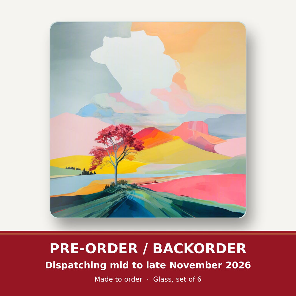 Lone Pink Tree on the Hill square glass coaster set of 6 – pre-order / backorder, dispatching mid to late November 2026