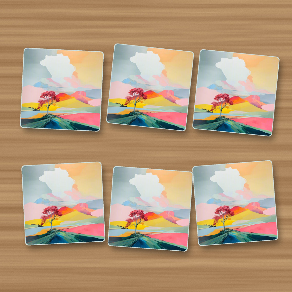 Lone Pink Tree on the Hill square glass coasters, set of 6, on an oak coffee table