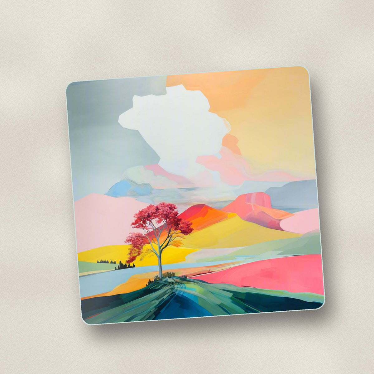 Close-up of one lone pink tree on the hill square glass coaster, flat UV print
