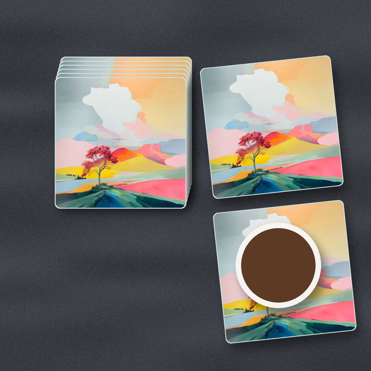 Lone Pink Tree on the Hill square glass coasters stacked on a slate kitchen worktop