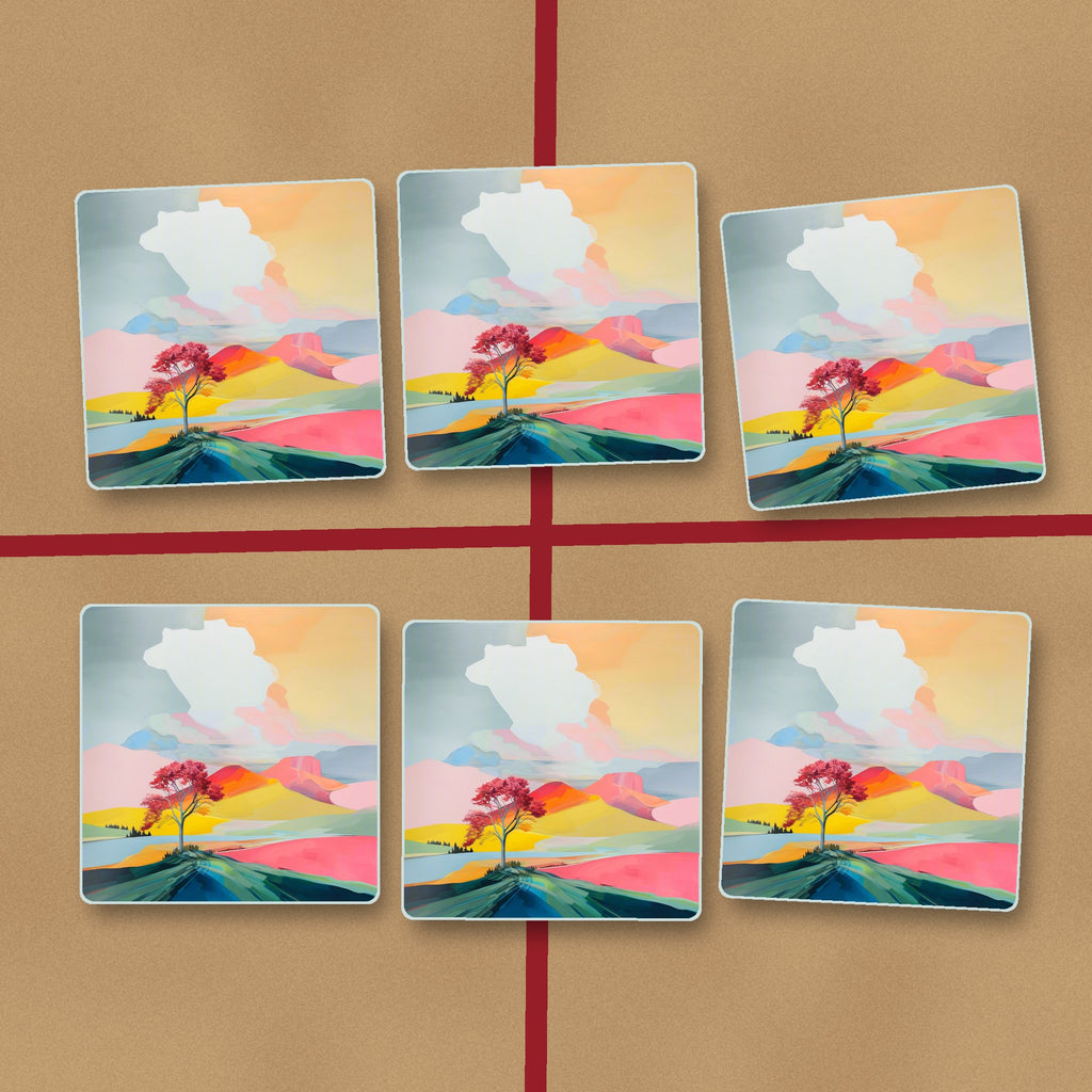Lone Pink Tree on the Hill square glass coasters on kraft gift wrap