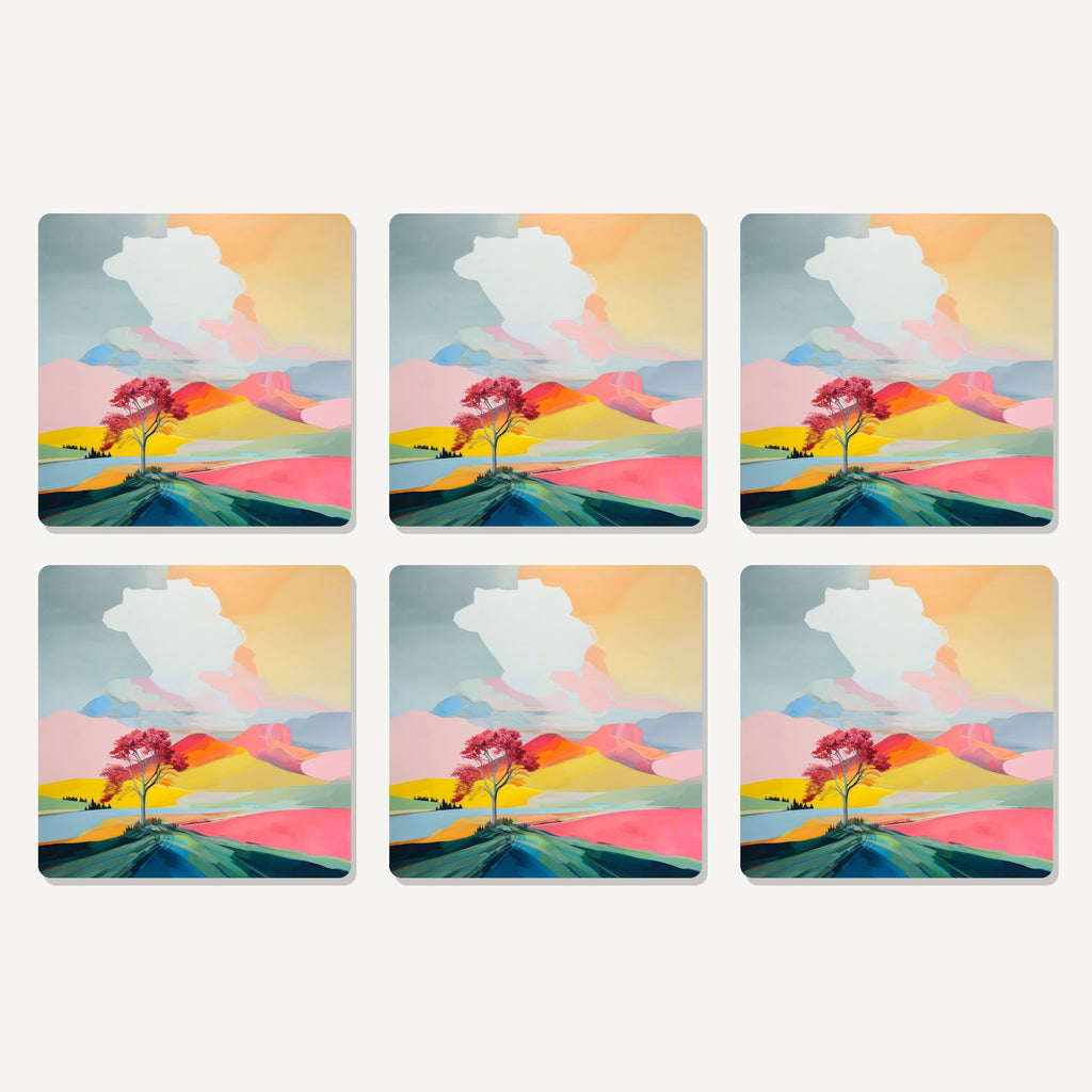 Flat lay of the lone pink tree on the hill artwork on six square coasters
