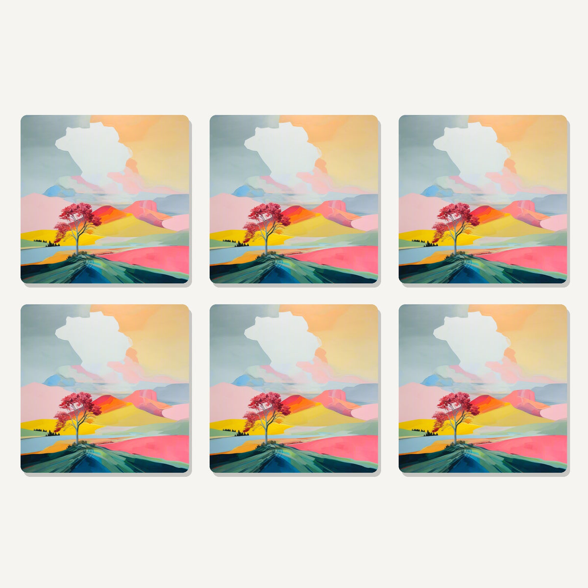 Flat lay of the lone pink tree on the hill artwork on six square coasters
