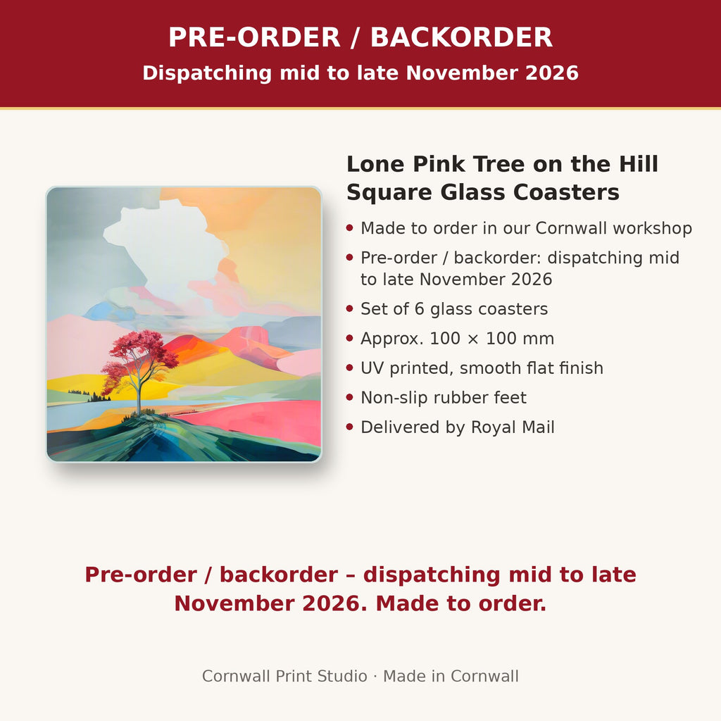 Info card: Lone Pink Tree on the Hill Square Glass Coasters – Set of 6, made to order, dispatching mid to late November 2026, delivered by Royal Mail