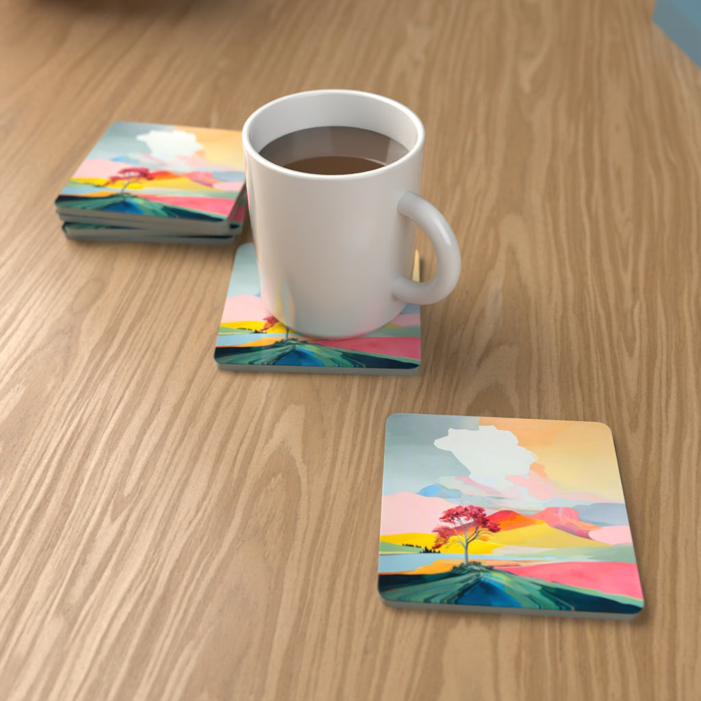 Lone Pink Tree on the Hill Square Glass Coasters – Set of 6 – lifestyle mockup with a mug of coffee