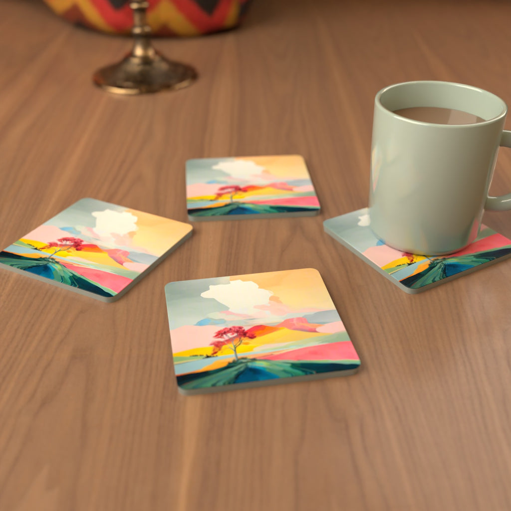 Lone Pink Tree on the Hill Square Glass Coasters – Set of 6 – cosy lifestyle mockup