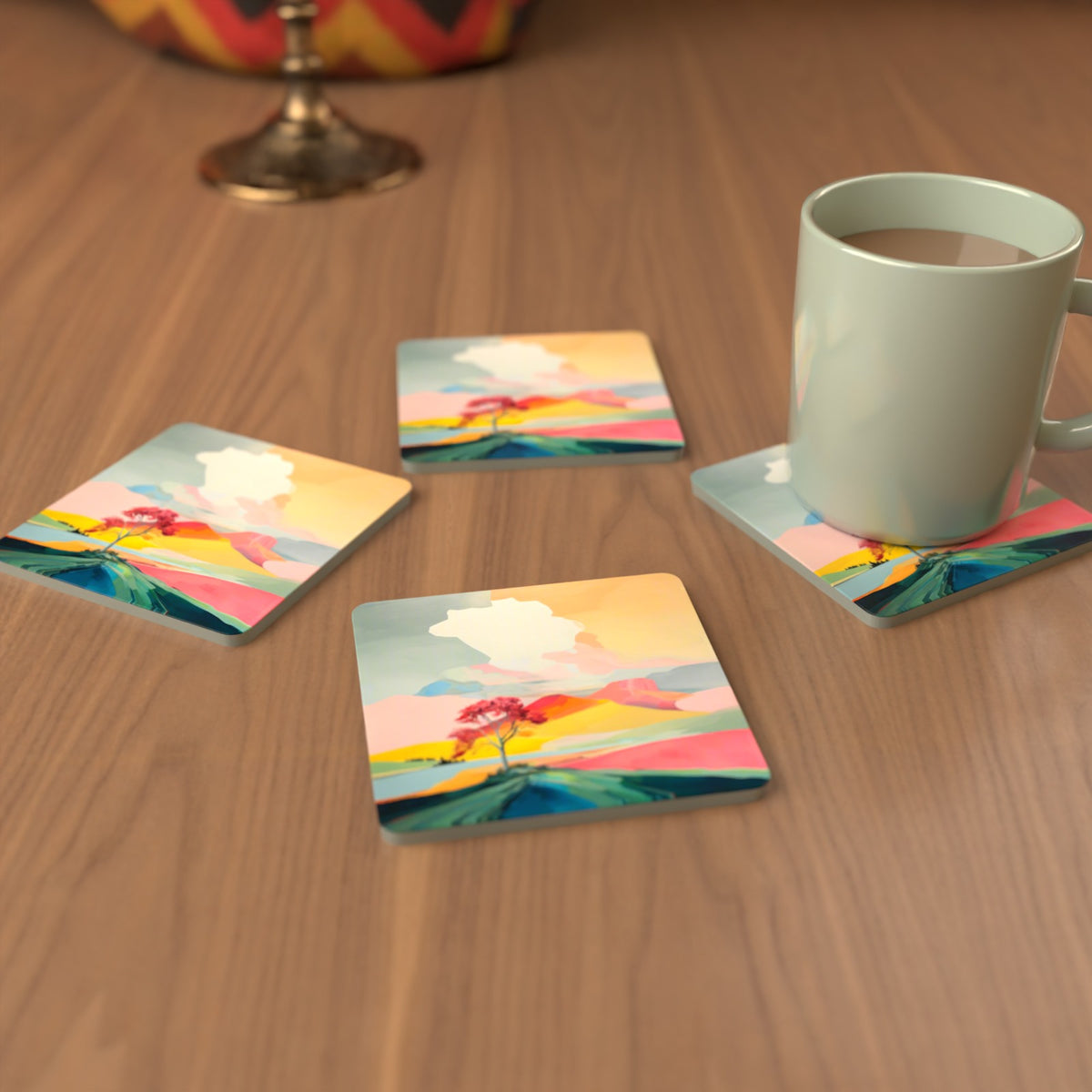 Lone Pink Tree on the Hill Square Glass Coasters – Set of 6 – cosy lifestyle mockup