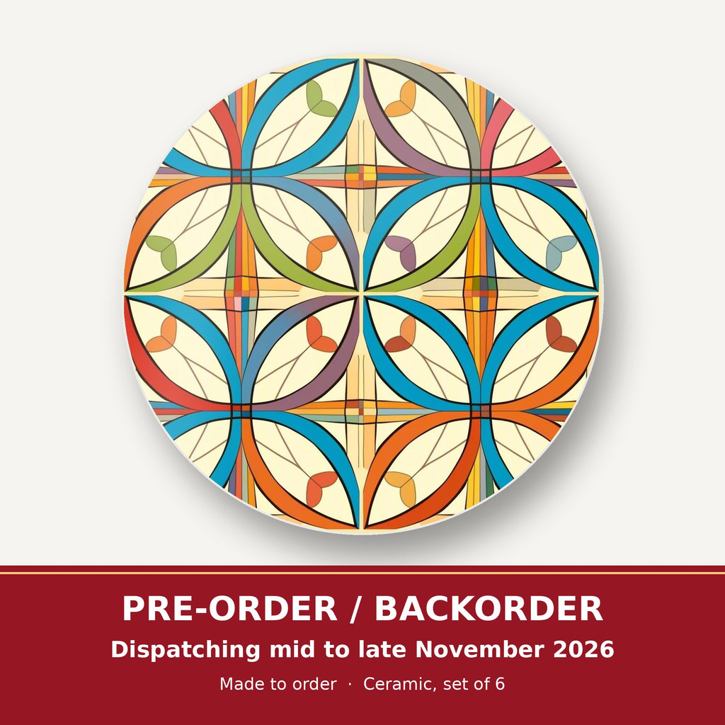 Retro Quatrefoil Tile Pattern round ceramic coaster set of 6 – pre-order / backorder, dispatching mid to late November 2026