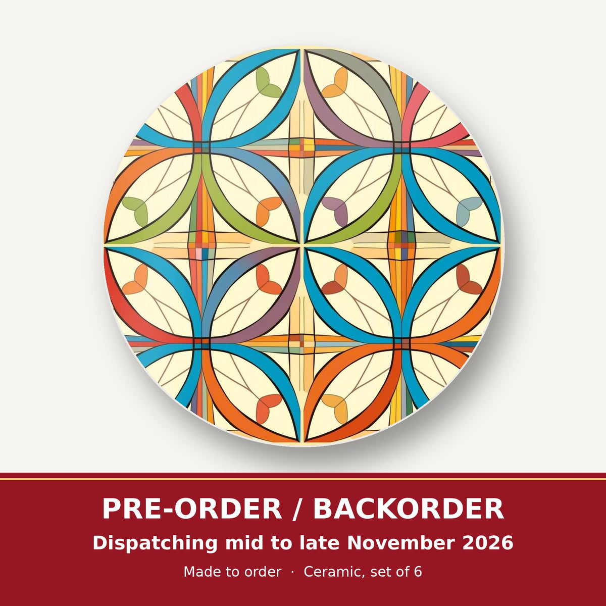 Retro Quatrefoil Tile Pattern round ceramic coaster set of 6 – pre-order / backorder, dispatching mid to late November 2026
