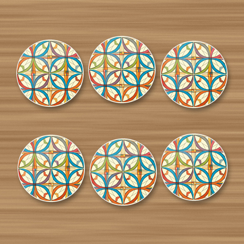 Retro Quatrefoil Tile Pattern round ceramic coasters, set of 6, on an oak coffee table