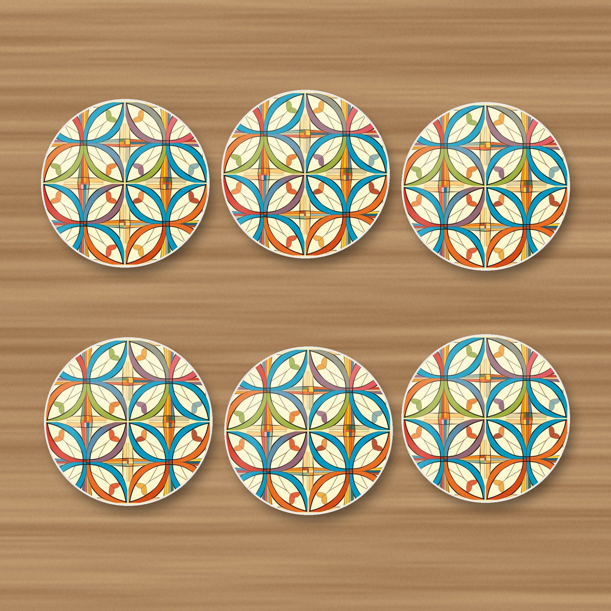 Retro Quatrefoil Tile Pattern round ceramic coasters, set of 6, on an oak coffee table