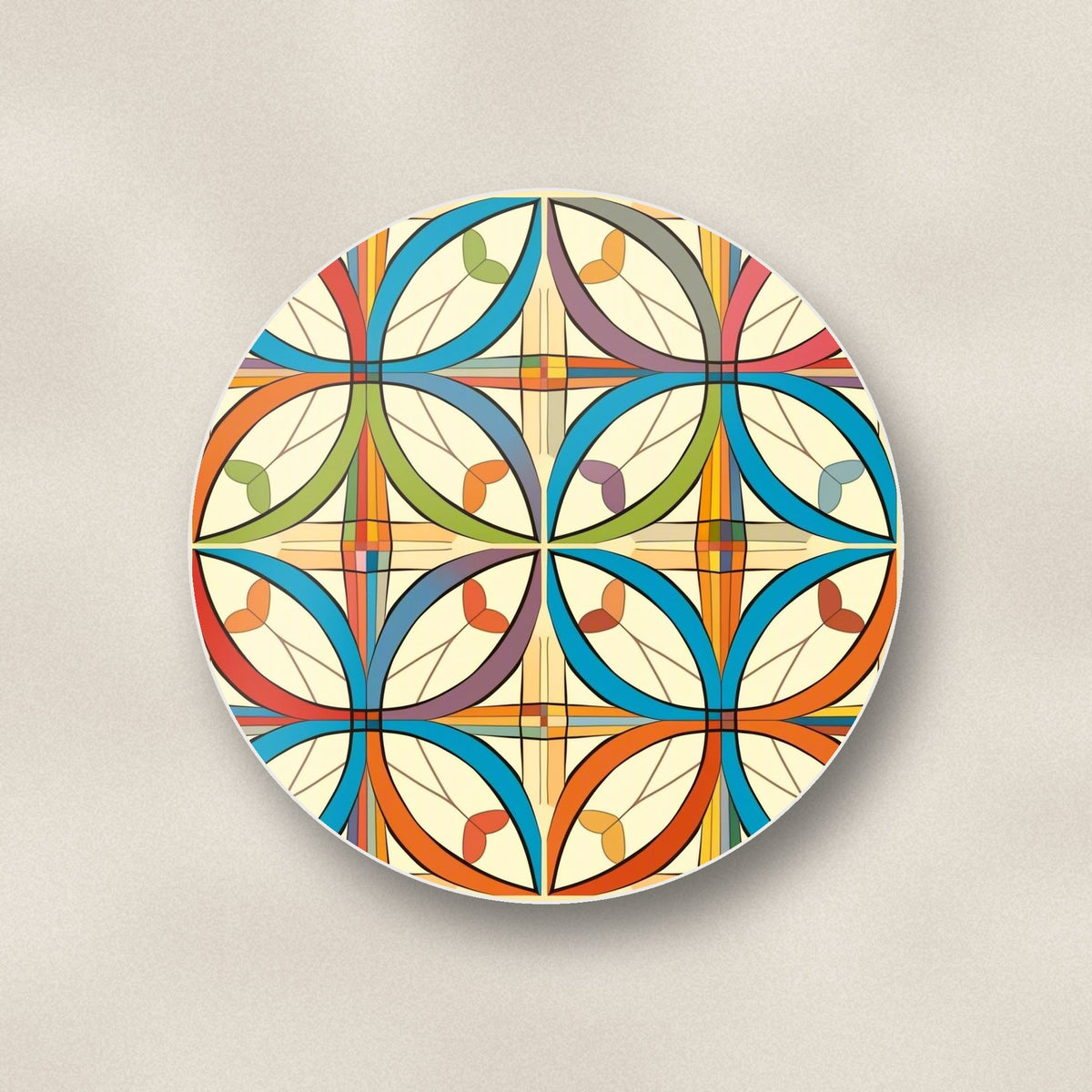 Close-up of one retro quatrefoil tile pattern round ceramic coaster, flat UV print