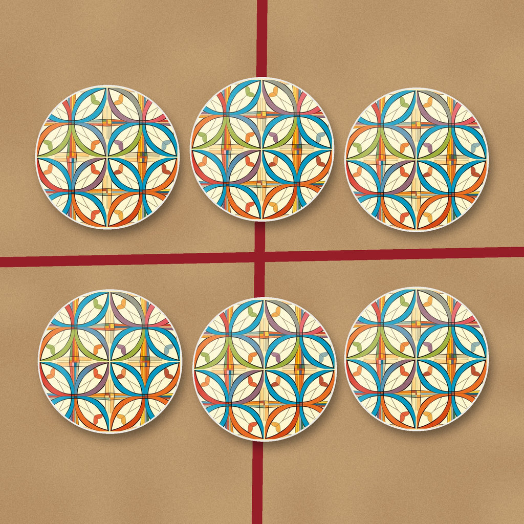 Retro Quatrefoil Tile Pattern round ceramic coasters on kraft gift wrap
