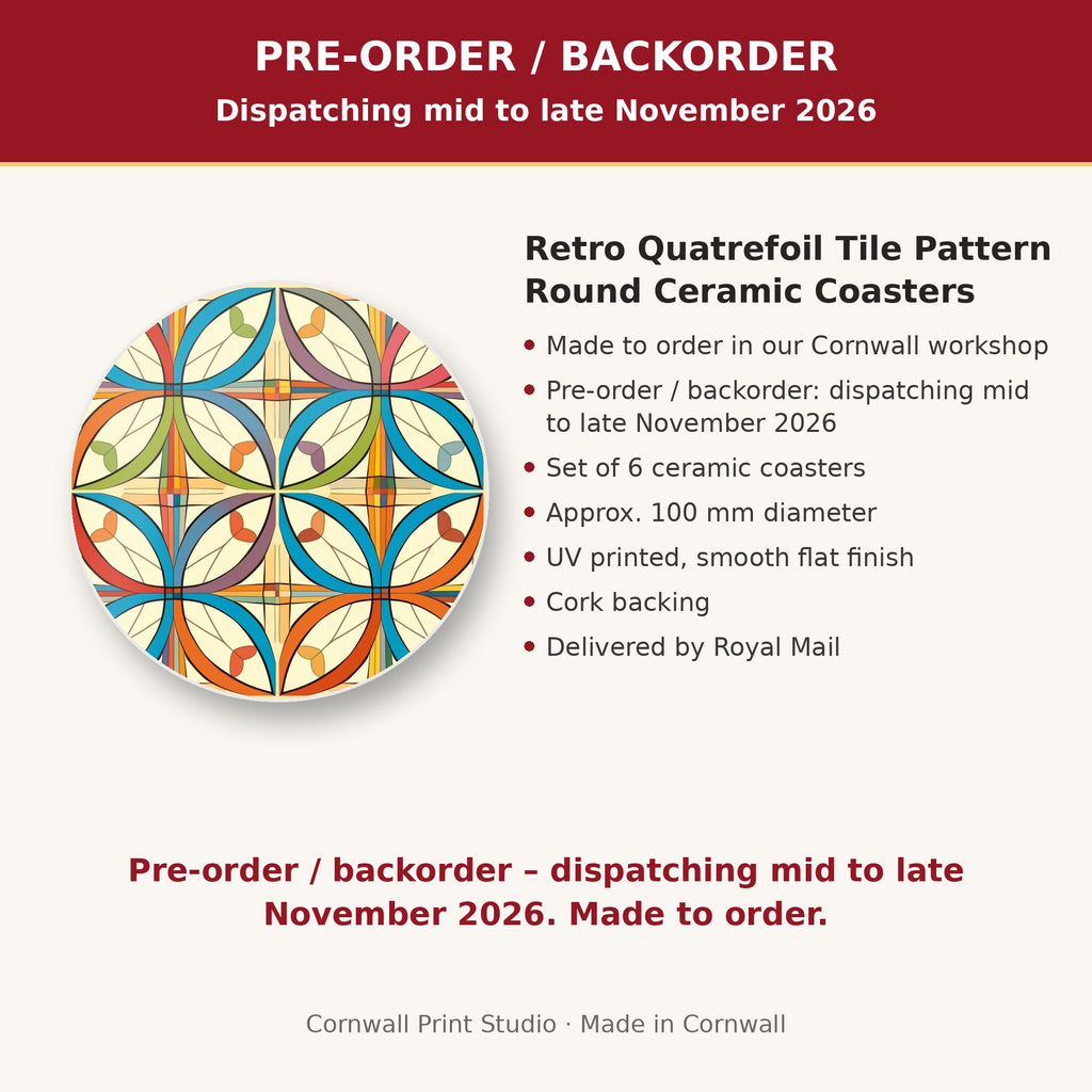 Info card: Retro Quatrefoil Tile Pattern Round Ceramic Coasters – Set of 6, made to order, dispatching mid to late November 2026, delivered by Royal Mail