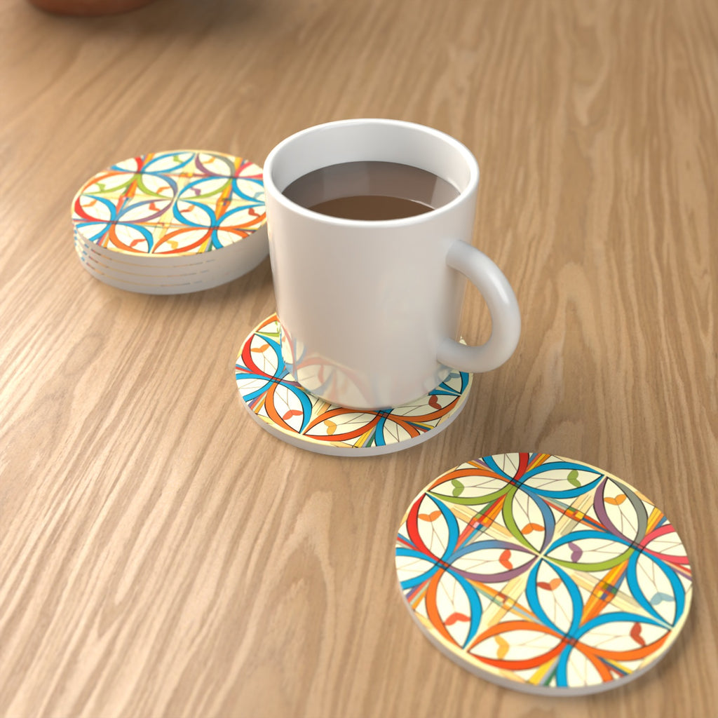 Retro Quatrefoil Tile Pattern Round Ceramic Coasters – Set of 6 – lifestyle mockup with a mug of coffee