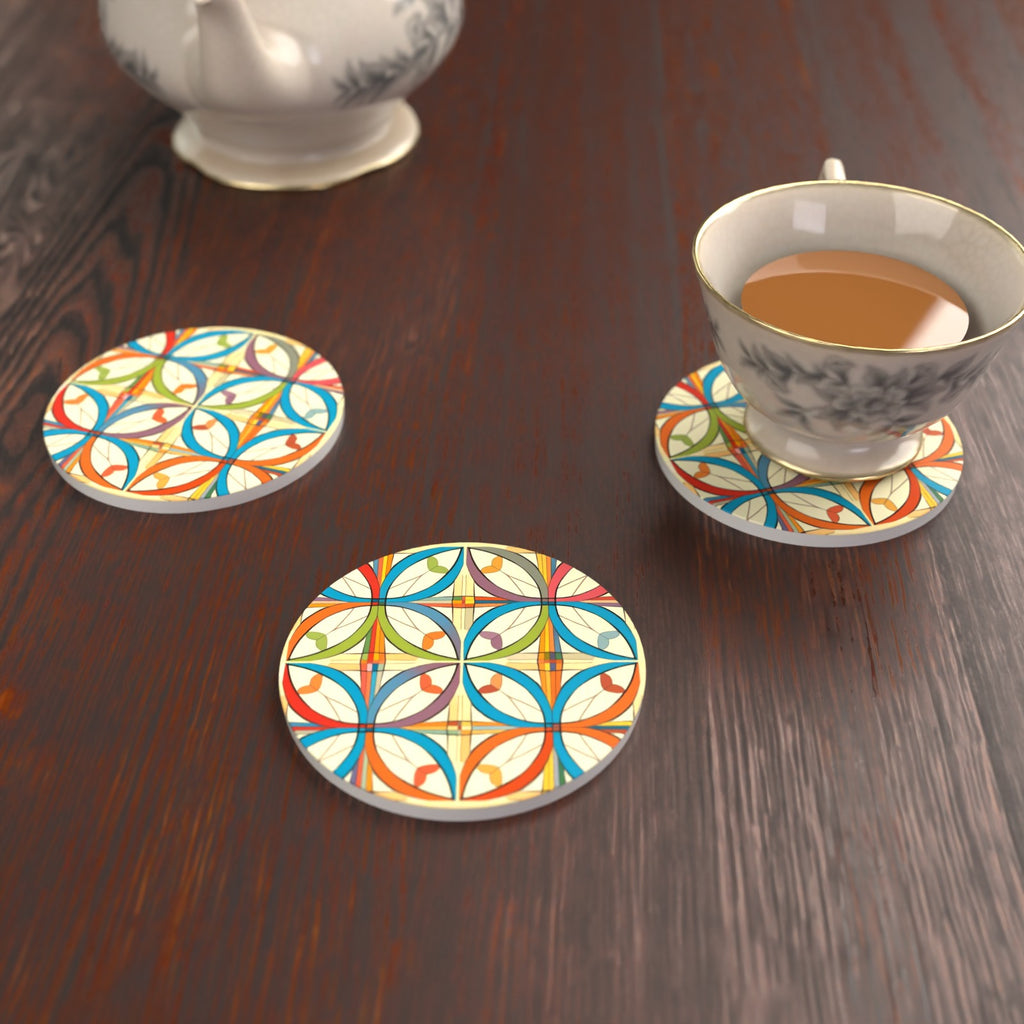 Retro Quatrefoil Tile Pattern Round Ceramic Coasters – Set of 6 – lifestyle mockup with a teacup