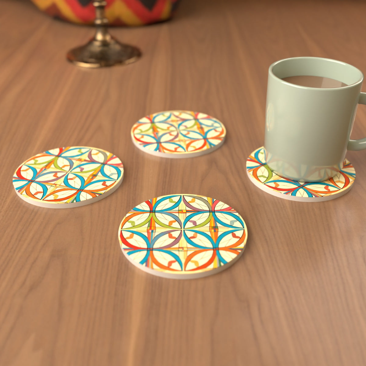 Retro Quatrefoil Tile Pattern Round Ceramic Coasters – Set of 6 – cosy lifestyle mockup
