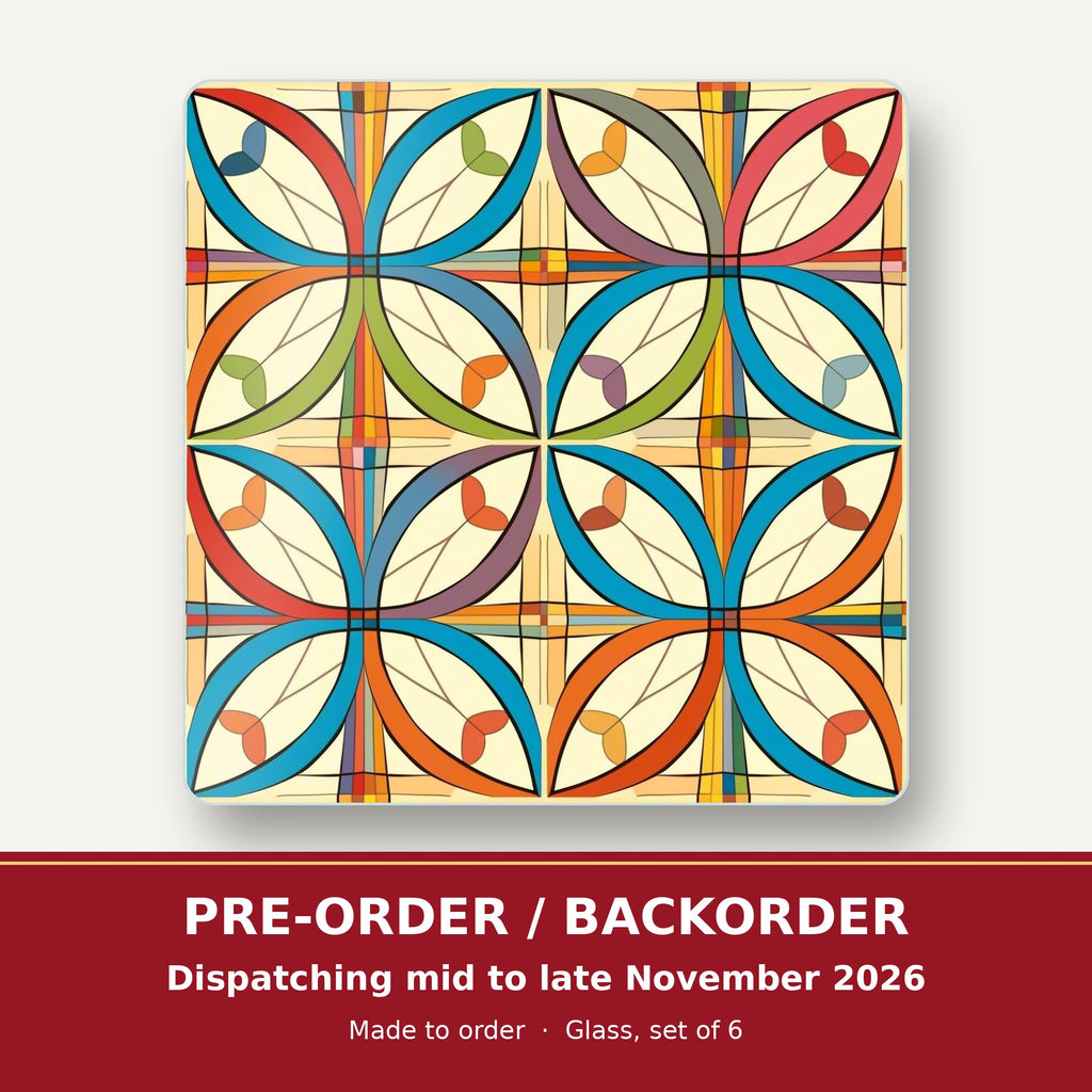 Retro Quatrefoil Tile Pattern square glass coaster set of 6 – pre-order / backorder, dispatching mid to late November 2026