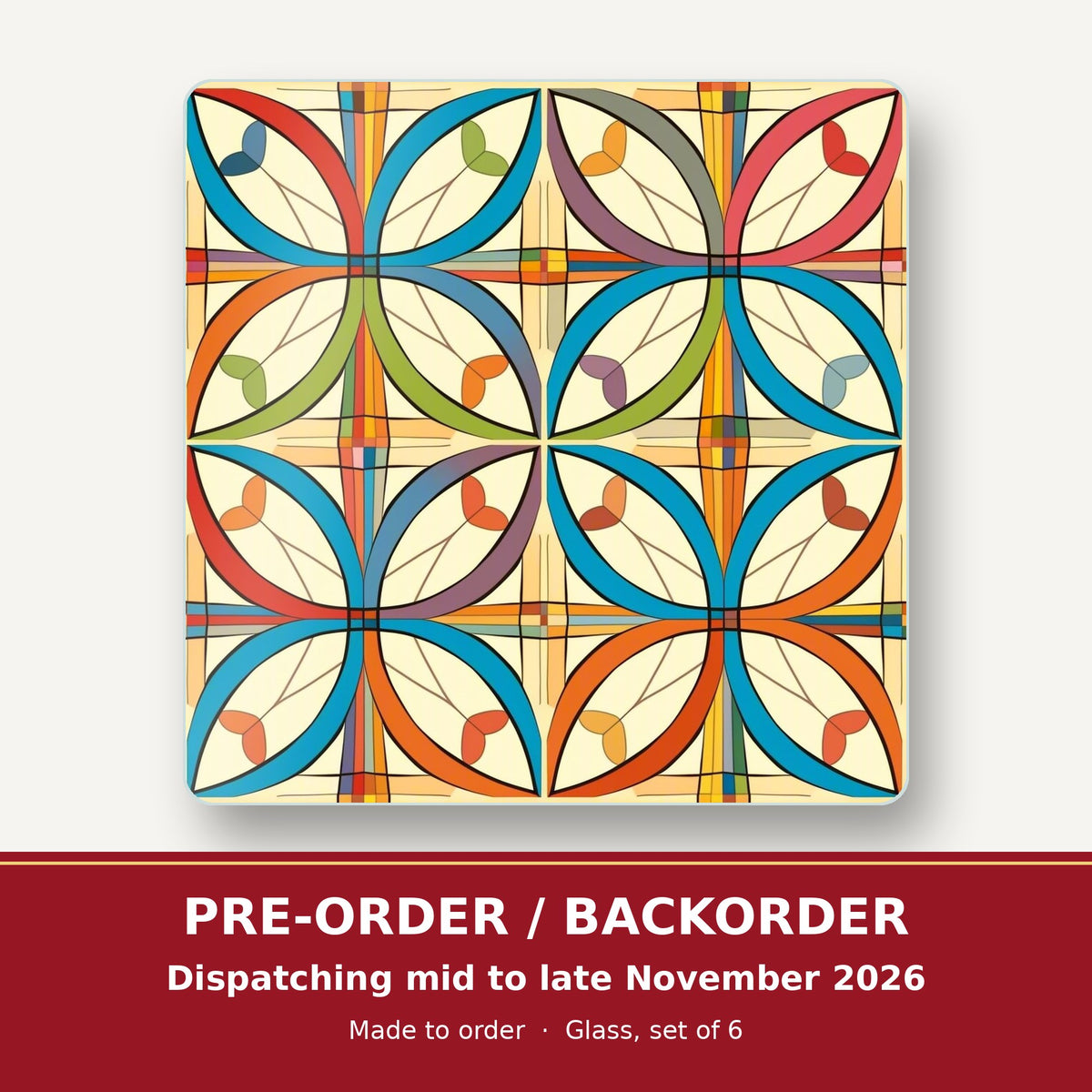 Retro Quatrefoil Tile Pattern square glass coaster set of 6 – pre-order / backorder, dispatching mid to late November 2026