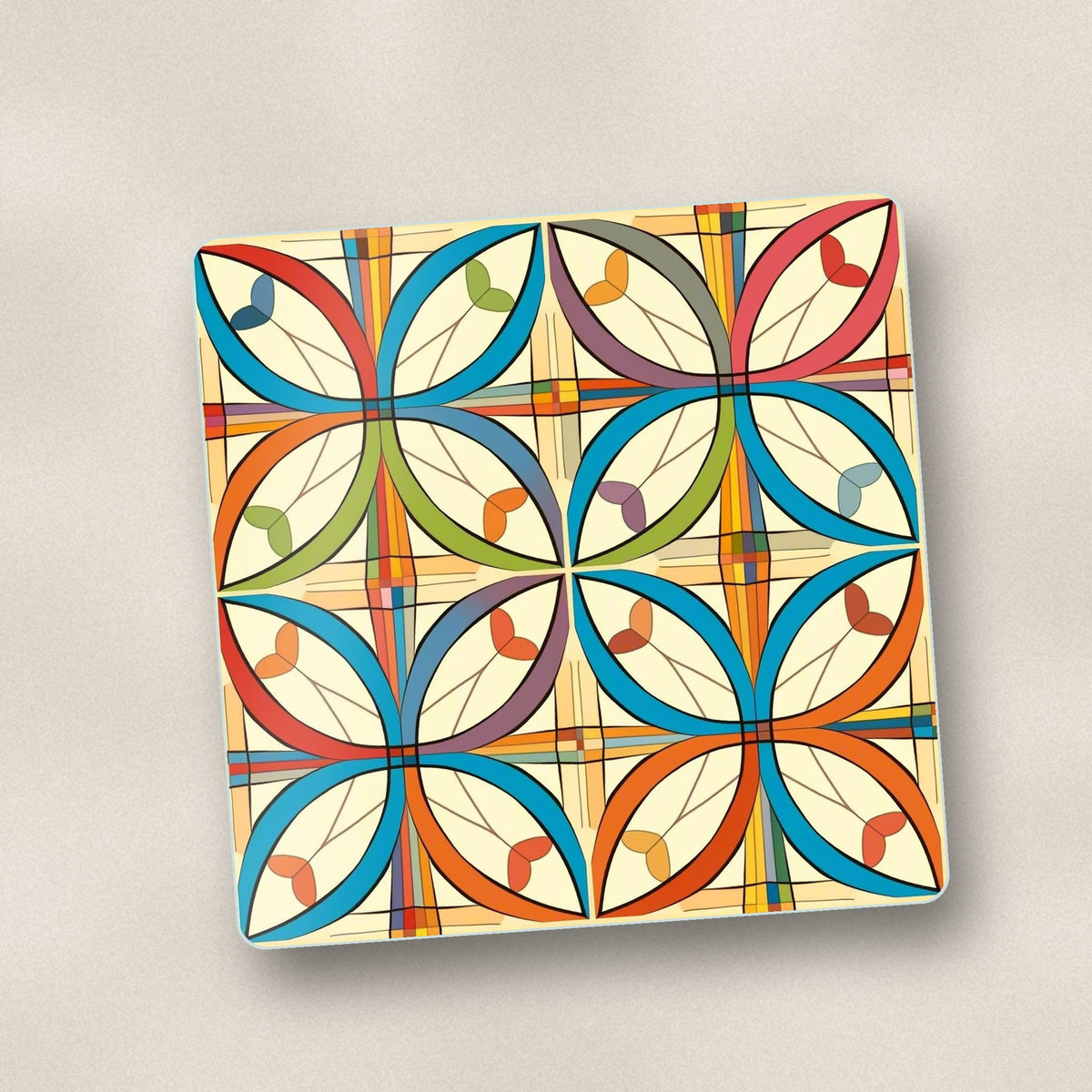 Close-up of one retro quatrefoil tile pattern square glass coaster, flat UV print