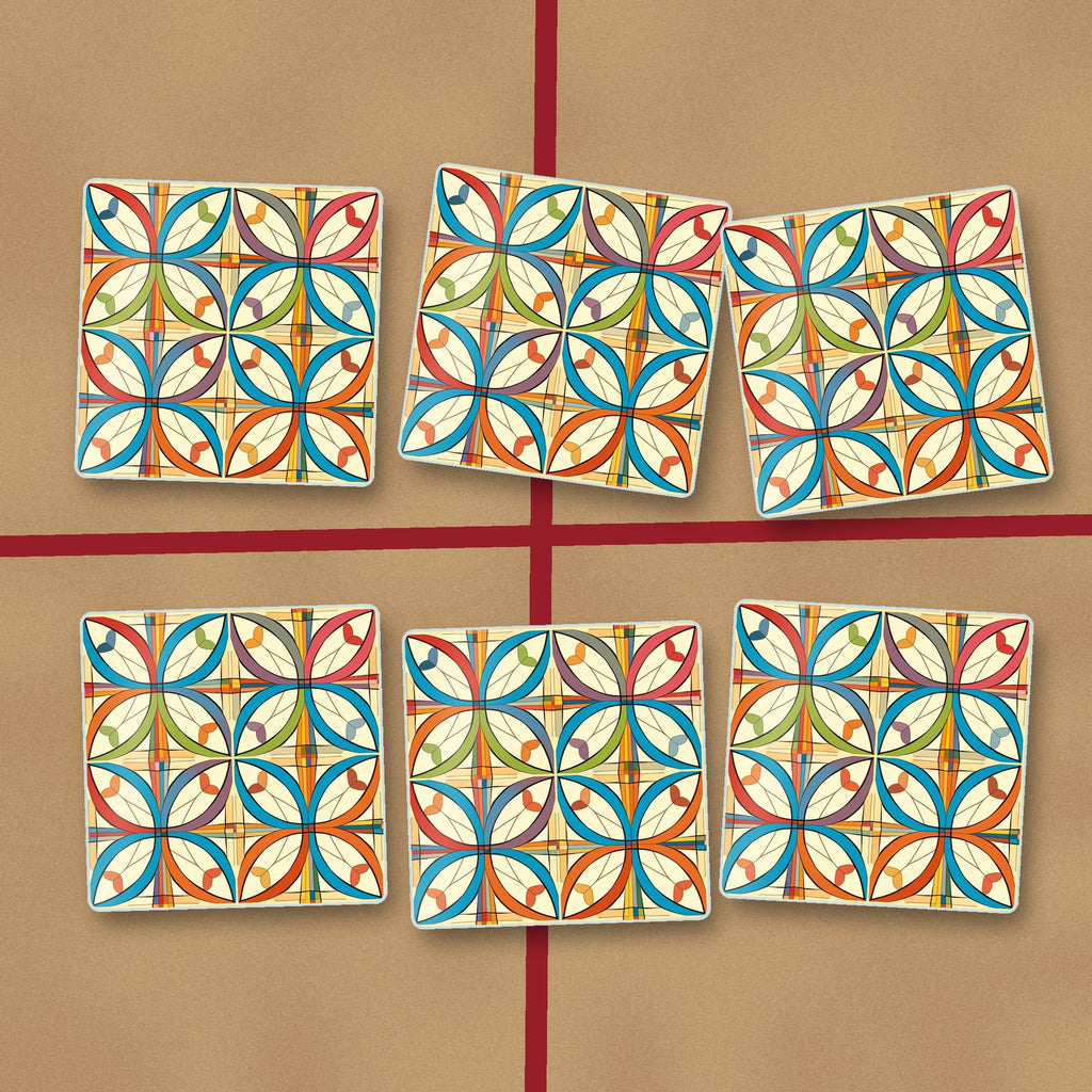 Retro Quatrefoil Tile Pattern square glass coasters on kraft gift wrap