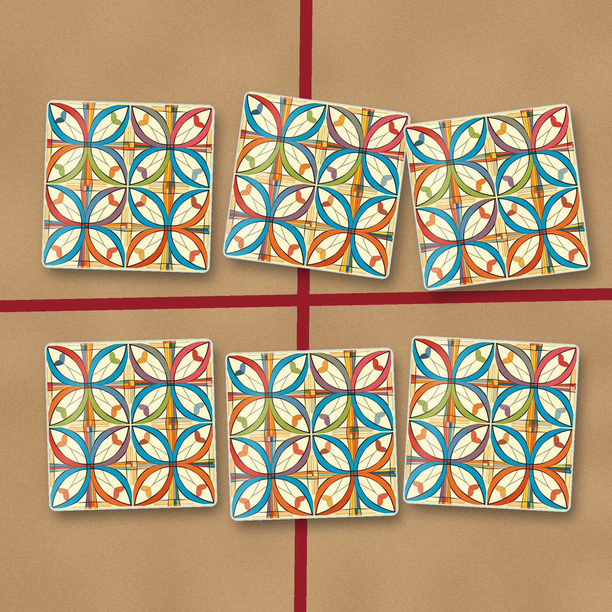 Retro Quatrefoil Tile Pattern square glass coasters on kraft gift wrap