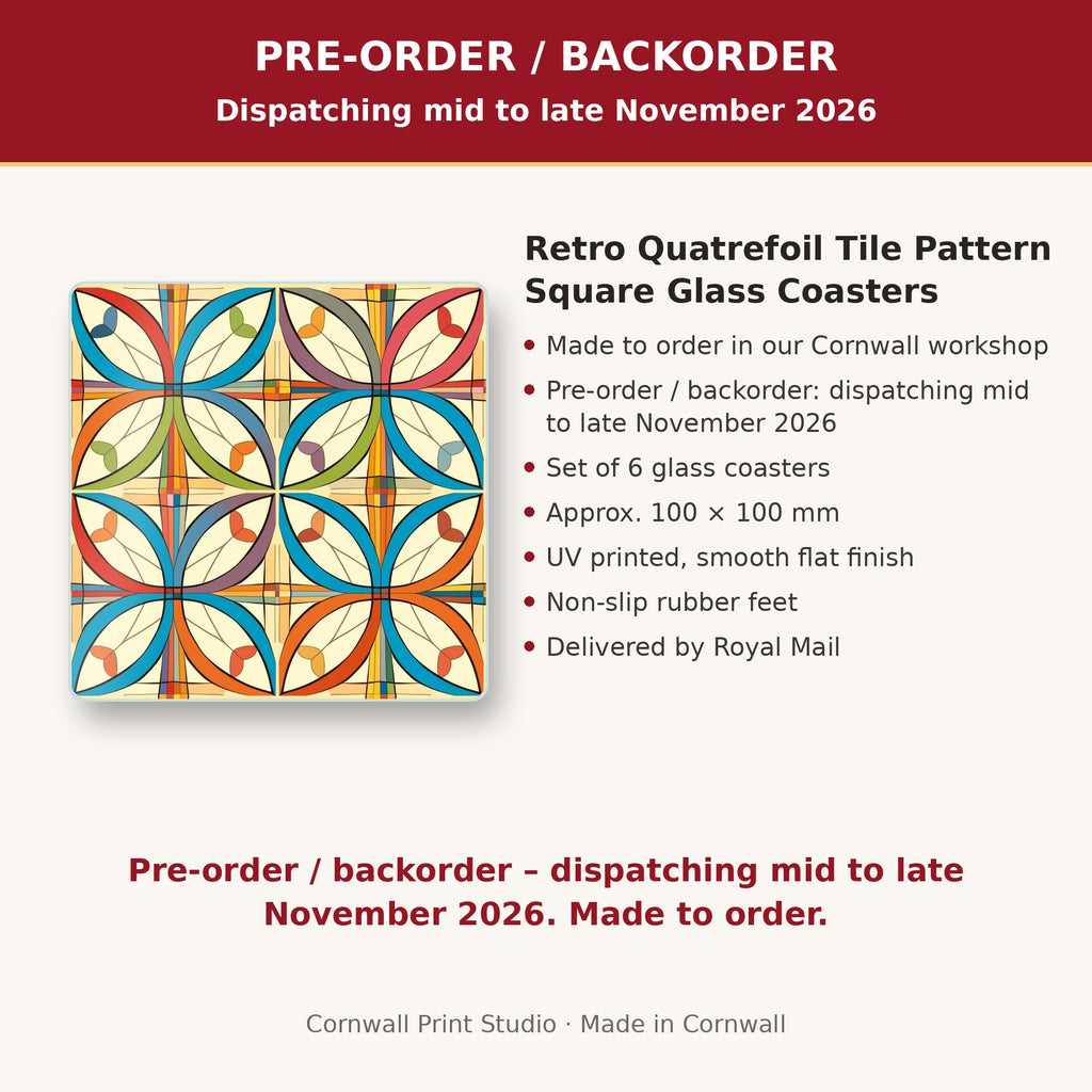 Info card: Retro Quatrefoil Tile Pattern Square Glass Coasters – Set of 6, made to order, dispatching mid to late November 2026, delivered by Royal Mail