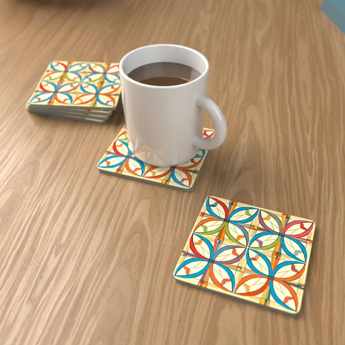 Retro Quatrefoil Tile Pattern Square Glass Coasters – Set of 6 – lifestyle mockup with a mug of coffee