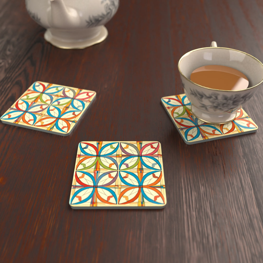 Retro Quatrefoil Tile Pattern Square Glass Coasters – Set of 6 – lifestyle mockup with a teacup