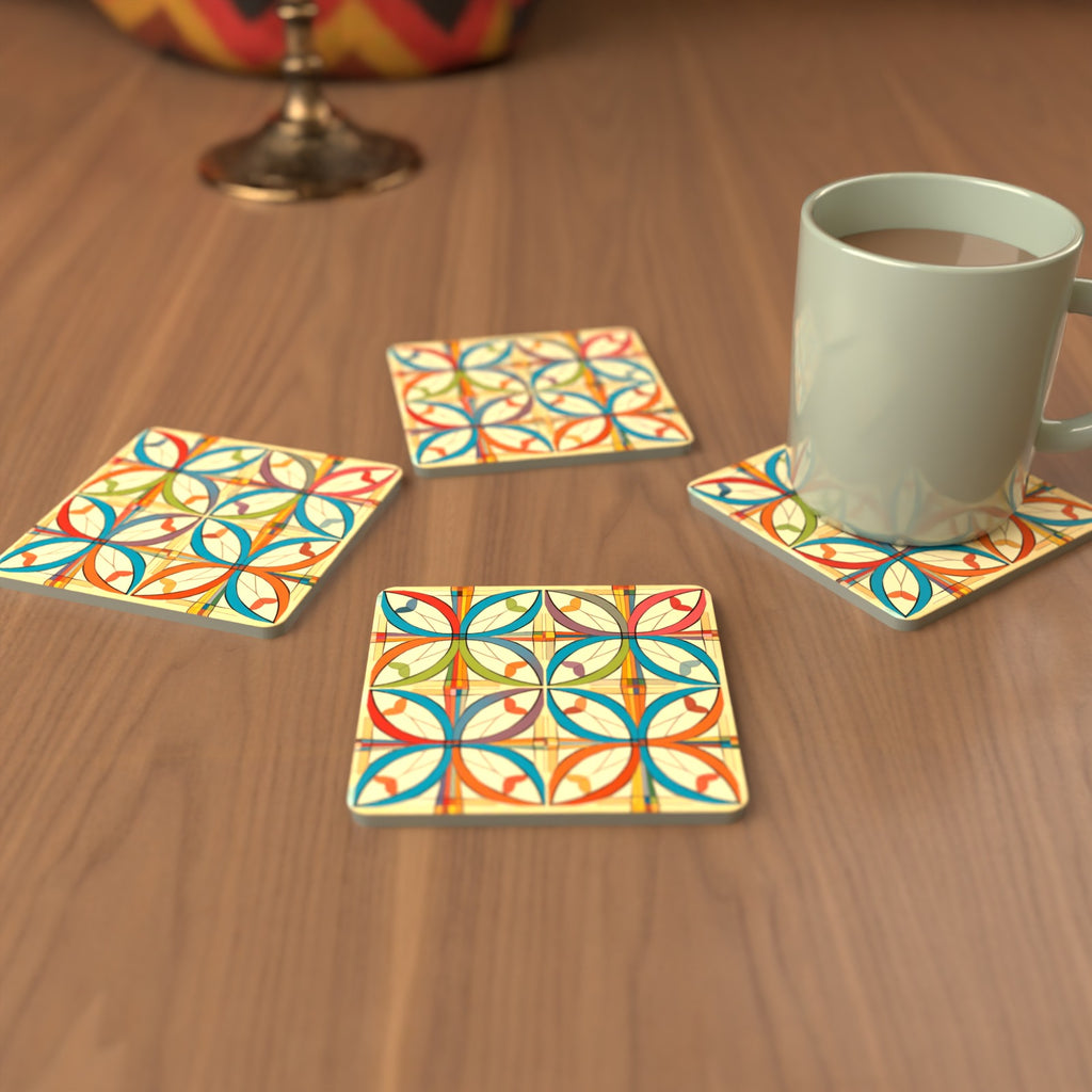 Retro Quatrefoil Tile Pattern Square Glass Coasters – Set of 6 – cosy lifestyle mockup