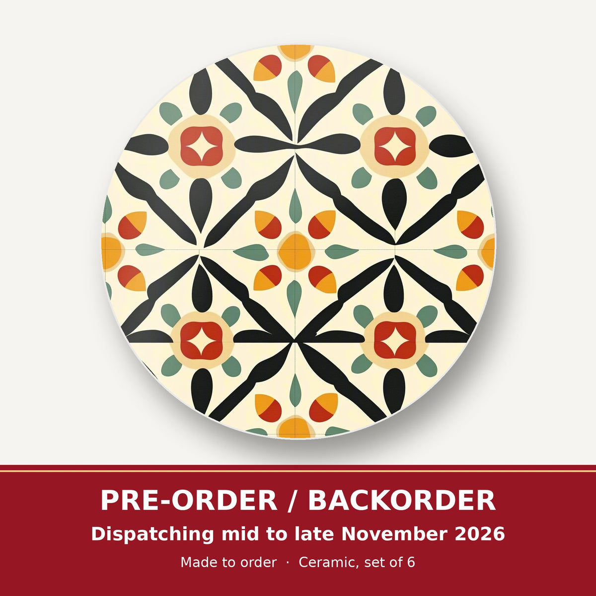 Black & Cream Floral Tile round ceramic coaster set of 6 – pre-order / backorder, dispatching mid to late November 2026