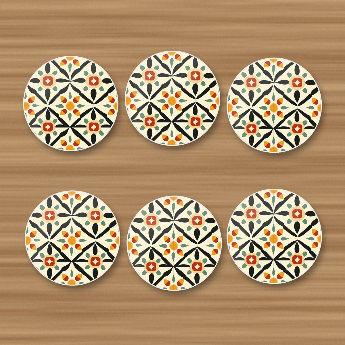 Black & Cream Floral Tile round ceramic coasters, set of 6, on an oak coffee table