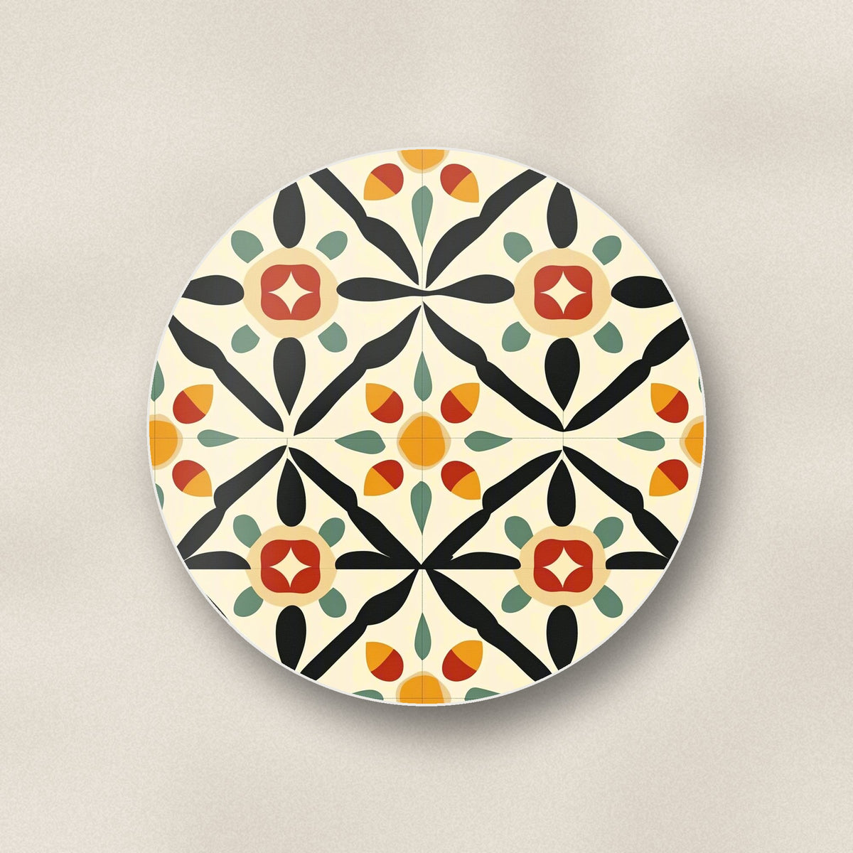 Close-up of one black & cream floral tile round ceramic coaster, flat UV print