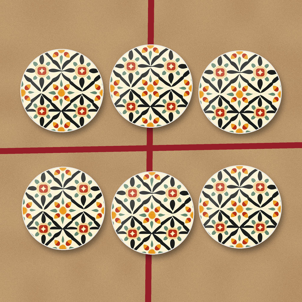 Black & Cream Floral Tile round ceramic coasters on kraft gift wrap