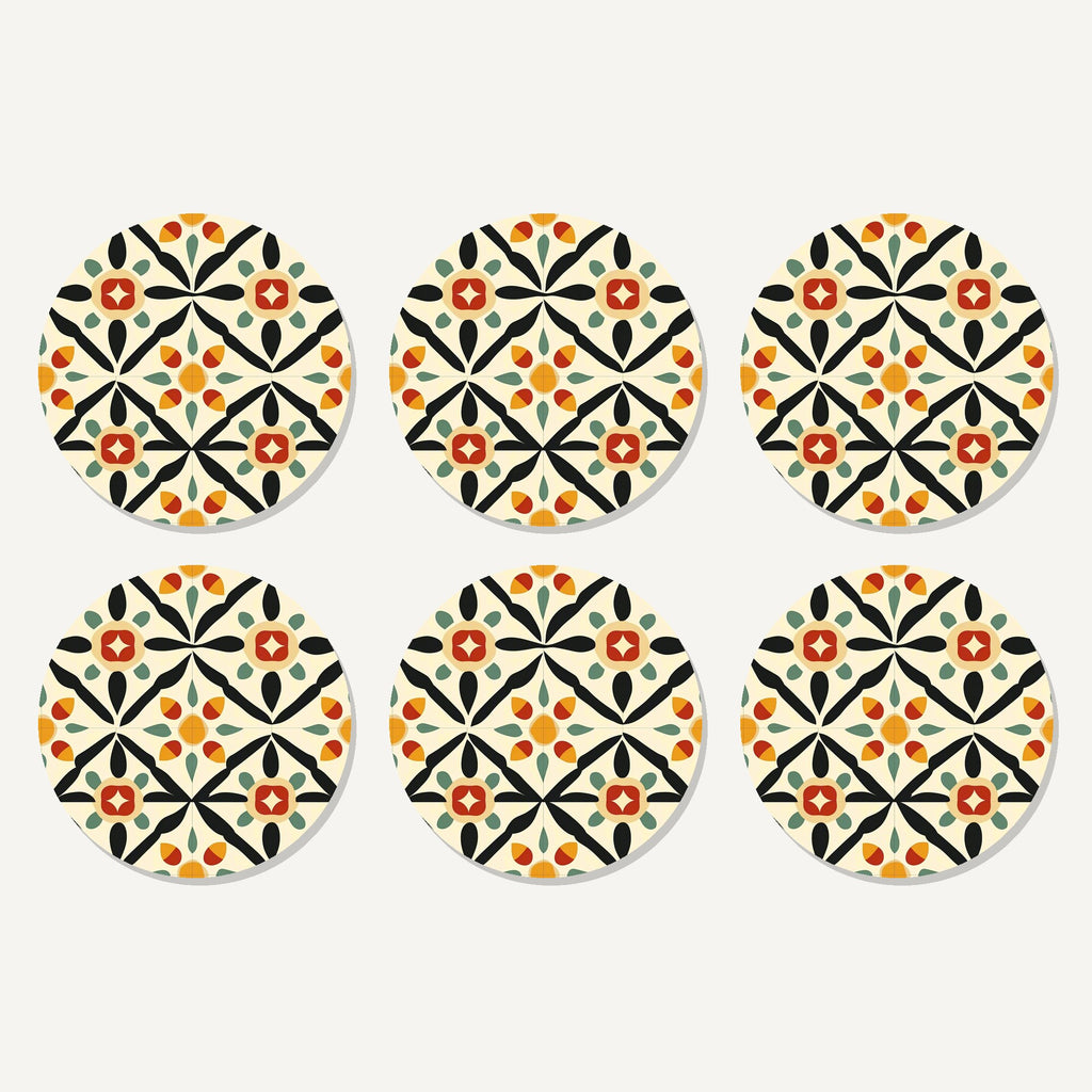 Flat lay of the black & cream floral tile artwork on six round coasters