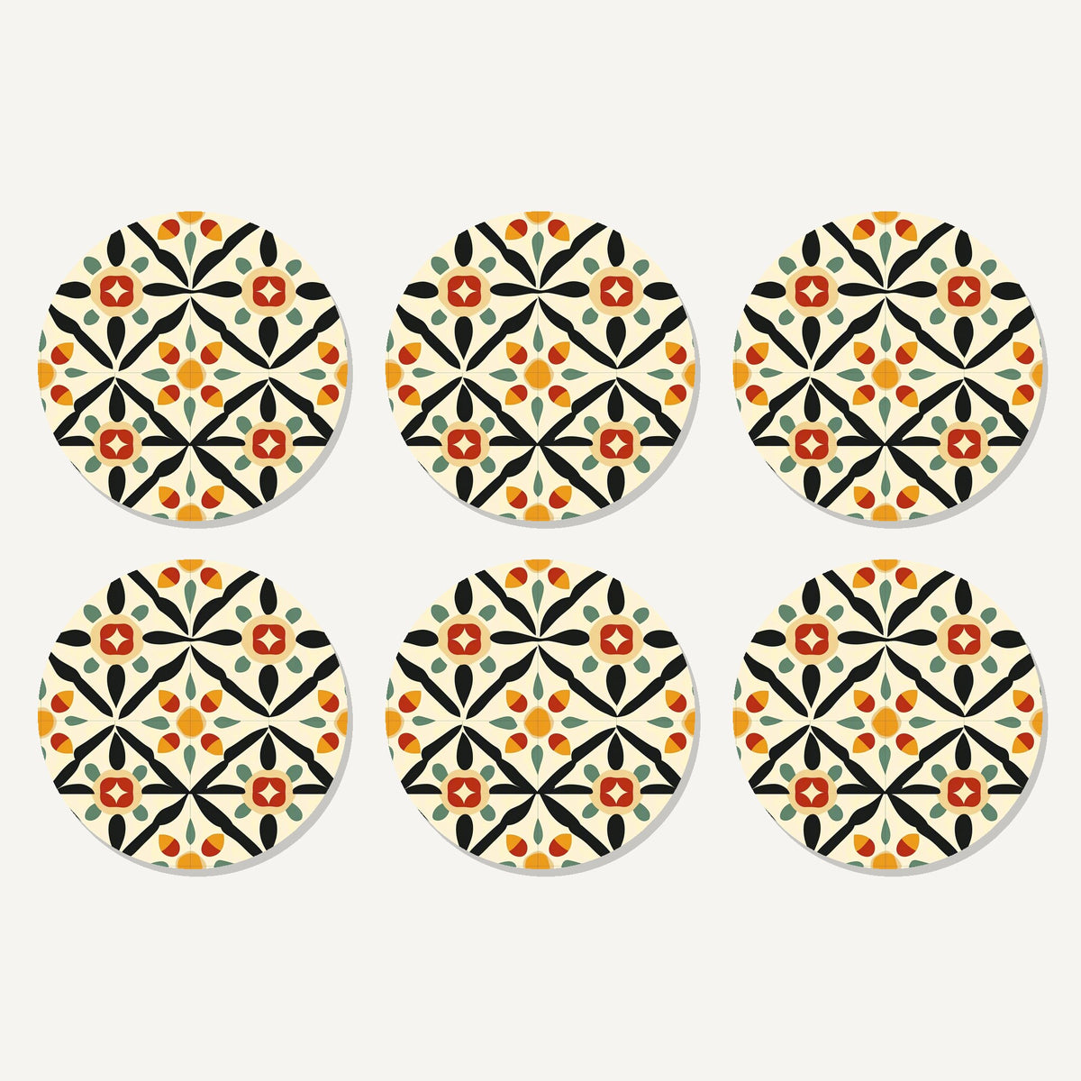 Flat lay of the black & cream floral tile artwork on six round coasters