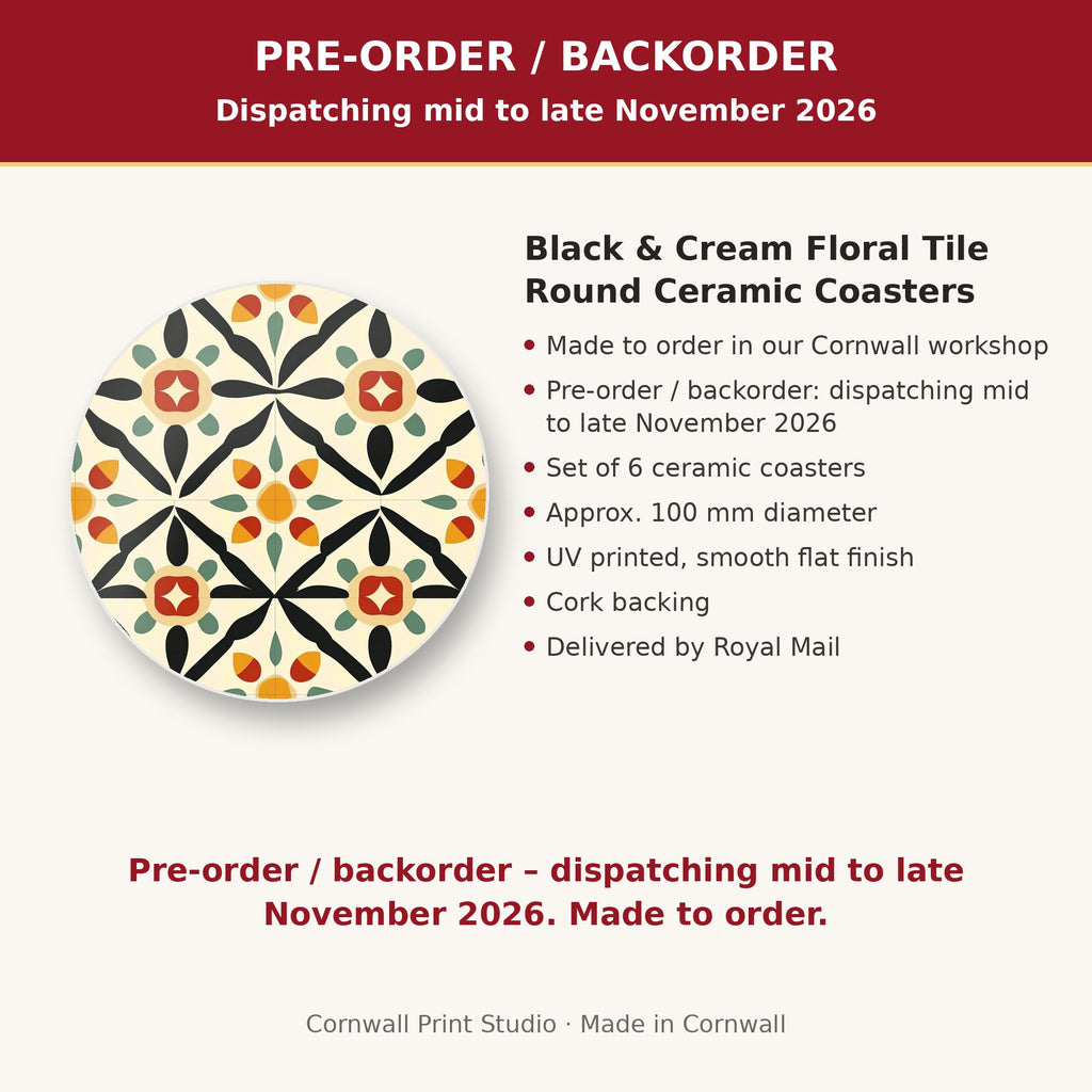 Info card: Black & Cream Floral Tile Round Ceramic Coasters – Set of 6, made to order, dispatching mid to late November 2026, delivered by Royal Mail